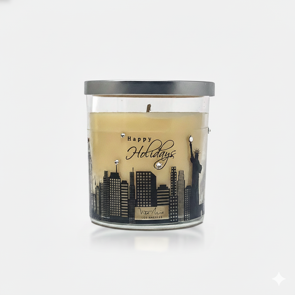 Candle with 'Happy Holidays' text and cityscape design on a white background