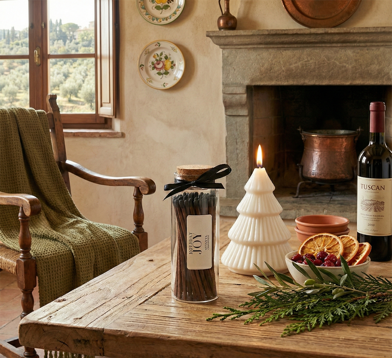 Cozy living room with a wooden table, chair, and decorative items including a bottle of Tuscan wine.